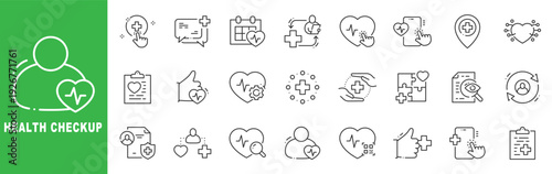 Health checkup icon set featuring medical examination, patient care, heartbeat monitoring, clinic services, outline line icons with editable stroke vector.