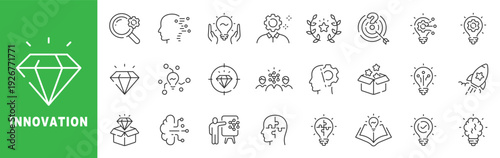 Innovation icon set featuring creativity, idea generation, startup launch, artificial intelligence, research, collaboration, outline line icons with editable stroke vector.