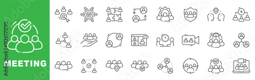 Meeting icon set featuring meeting; conference; teamwork; collaboration outline line icons with editable stroke vector.