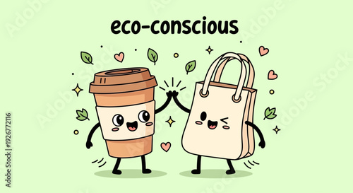 Eco Conscious Lifestyle Illustration with Reusable Coffee Cup and Shopping Bag Promoting Zero Waste Living, Sustainable Consumer Habits and Environment Friendly Daily Choices Vector