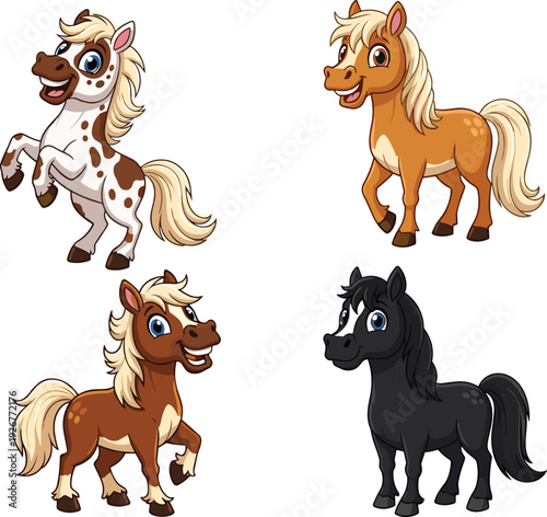 Set of four cute cartoon horse vector illustrations featuring a spotted pony a chestnut mare and a black stallion for nursery stickers and kids mascots