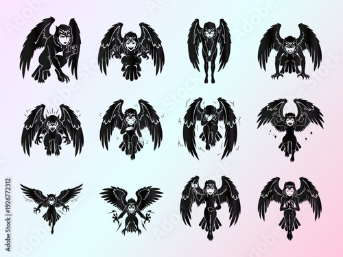 Mythical Harpy Character Set: Dynamic Silhouette Illustrations