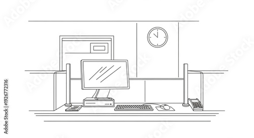 Office Workspace with Computer and Clock.