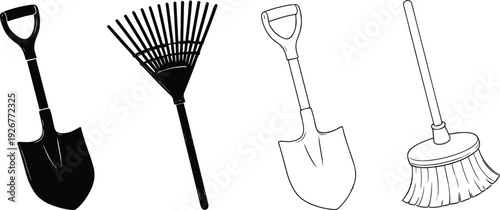 Set of Gardening and Cleaning Tools Including Shovel Rake and Broom Icons in Outline and Silhouette Styles Isolated on White Background for Vector Design