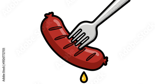 Cartoon Illustration of a Delicious Grilled Sausage Being Eaten with a Fork, Featuring a Tasty Droplet