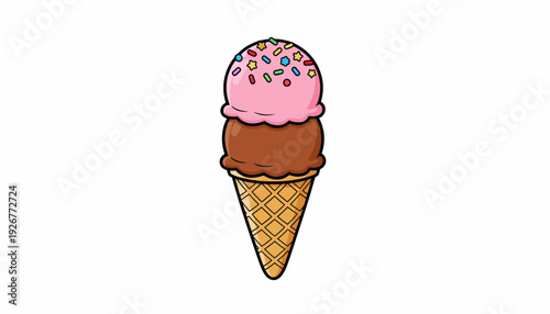 Delightful two-scoop ice cream cone with vibrant sprinkles, a classic frozen dessert illustration perfect for summer treats and sweet cravings