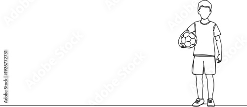 continuous line drawing of boy in shorts and t-shirt holding soccer ball under one arm, line art vector illustration