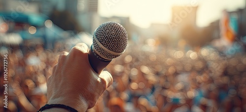 Close-up of a hand holding a microphone on a stage with a blurred crowd in the background during a sunny outdoor event.