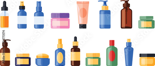 Cosmetic Packaging Vector Set Featuring Bottles, Jars, Tubes, and Pump Containers for Skincare, Beauty Products, Personal Care, and Branding Design Projects