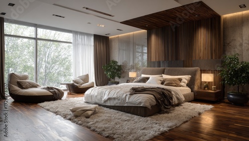 Luxurious Modern Bedroom with Large Window and Cozy Seating Area.