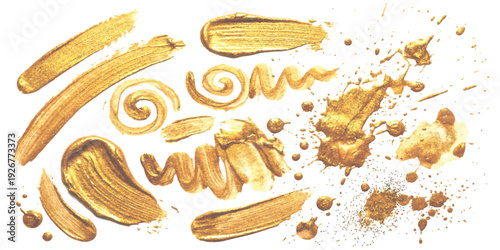 Abstract golden paint brush strokes and metallic splatters set on white background for luxury decorative design vector illustration