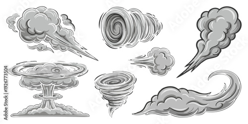 Set of comic style smoke explosion and wind effect elements in monochrome grayscale vector illustration for action graphic design