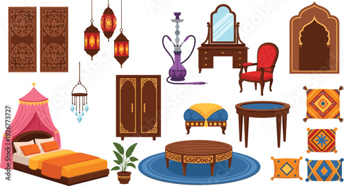 Arabic Home Interior Icon Set with Lanterns, Hookah, Traditional Furniture, Bed, Carpet and Decorative Elements Vector Illustration