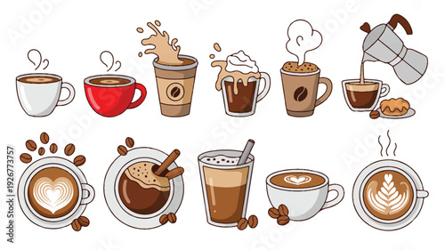 Cartoon coffee cups and mugs with various designs and toppings