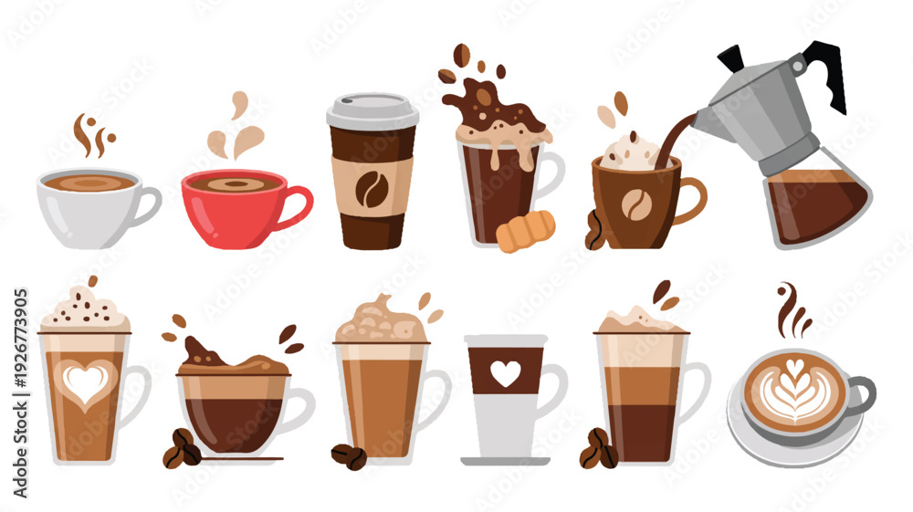 Obraz premium Cartoon coffee drinks and cups with coffee beans and steam on white background