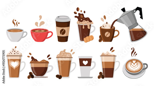 Cartoon coffee drinks and cups with coffee beans and steam on white background