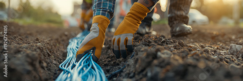 A worker's gloved hands lay a fiber optic cable in the ground