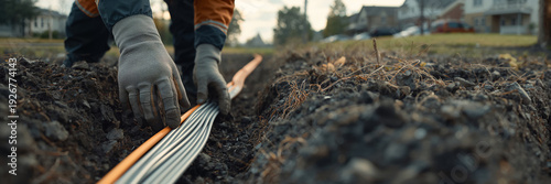 A worker's gloved hands lay a fiber optic cable in the ground