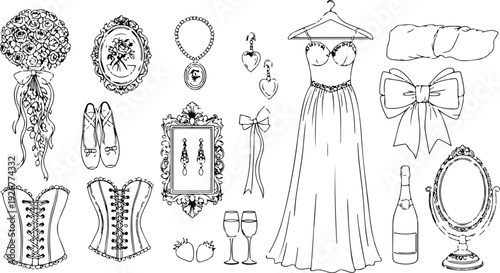 Hand drawn wedding ceremony illustrations. Bride icons in baroque or rococo style with whimsy elegant frames and pearl with lace decorations. Wedding borders and elements for invitations and menus