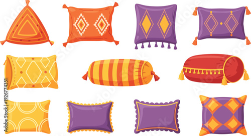 Colorful Decorative Pillow Cushion Set with Geometric Patterns, Tassels and Ethnic Textile Design Elements Vector Illustration
