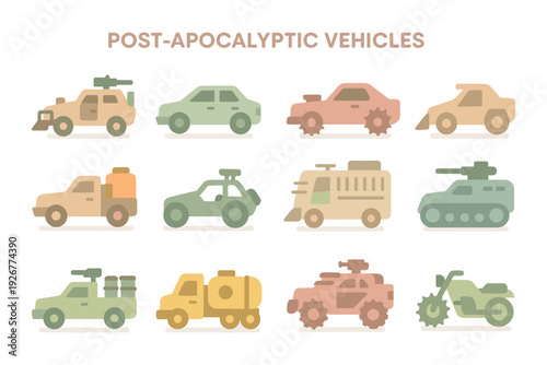 Post-apocalyptic vehicles vector illustration for design projects