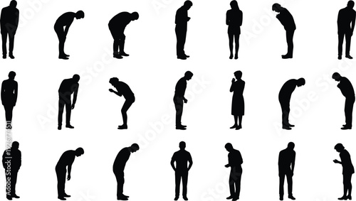 Silhouette collection of bowed human figures in introspective postures, diverse male and female stances, symbolic body language, fatigue, submission, contemplation