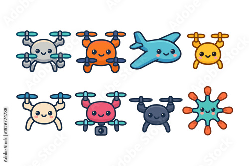 Cute drone and airplane vector illustration: cartoon style for kids' poster or educational material