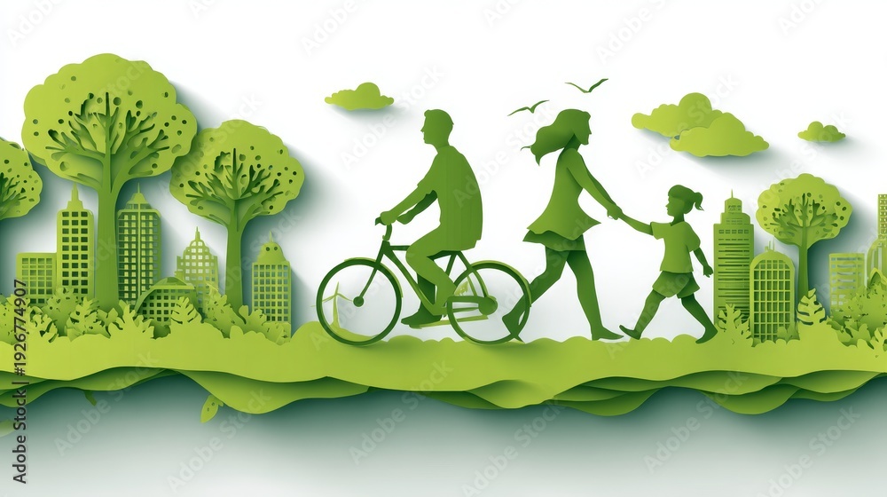 Obraz premium paper art-style illustration of a green city with a people walking, running, for an environment day 