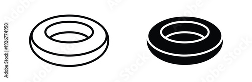 Swimming ring icon set with lifebuoy and inflatable tube symbols in line and solid style for summer vacation and water safety concept
