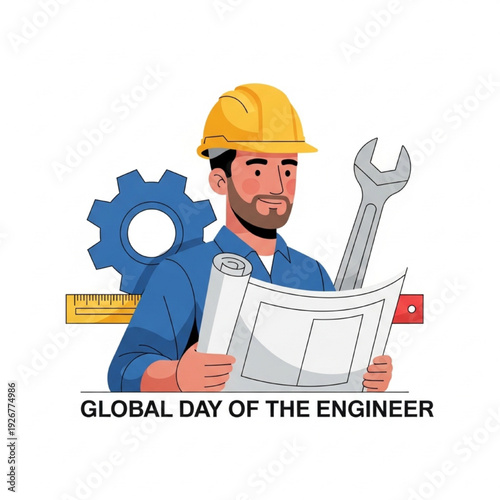 Professional Engineer with Blueprints and Tools Flat Vector Illustration Global Engineer Day