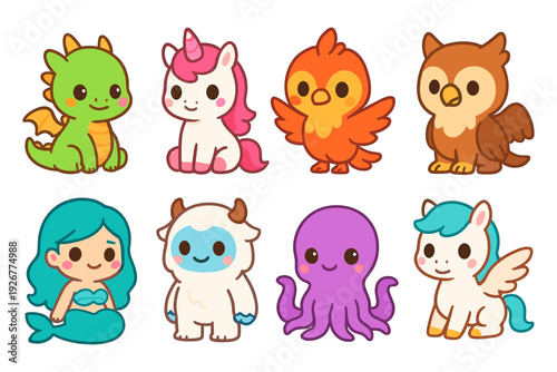 Cute fantasy creatures vector illustration for kids' design in adorable cartoon style