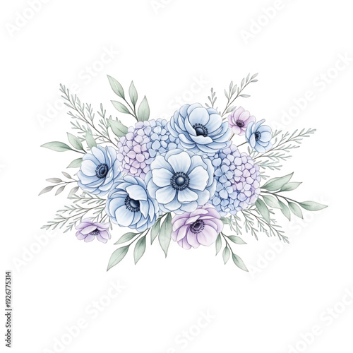Beautiful blue and purple floral arrangement with green leaves isolated on transparent background