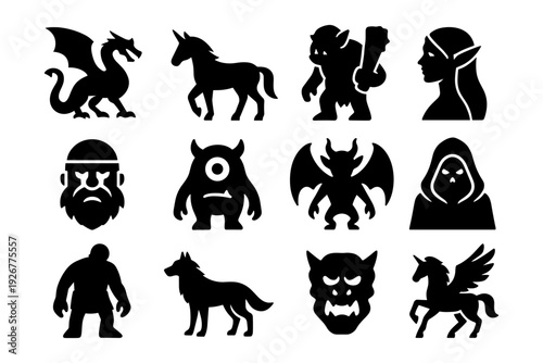 Fantasy creatures silhouette set featuring dragons, unicorns, elves, and more