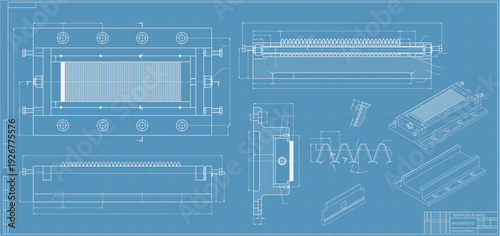 Mechanical engineering drawings on blue background. Cutting tools, milling cutter. Technical Design. Cover. Blueprint. Horizontal seamless pattern. Vector illustration.