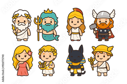 Cute mythology characters set featuring greek, norse, and egyptian gods in cartoon style