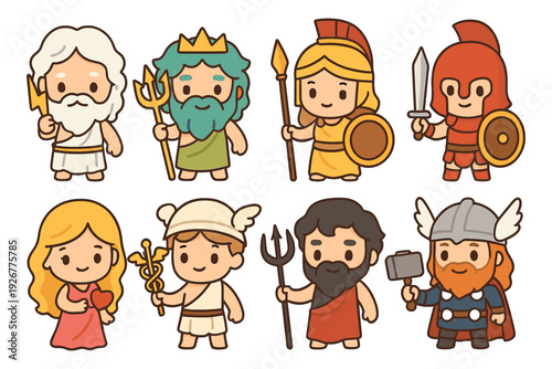 Cute cartoon characters inspired by mythological deities with playful design