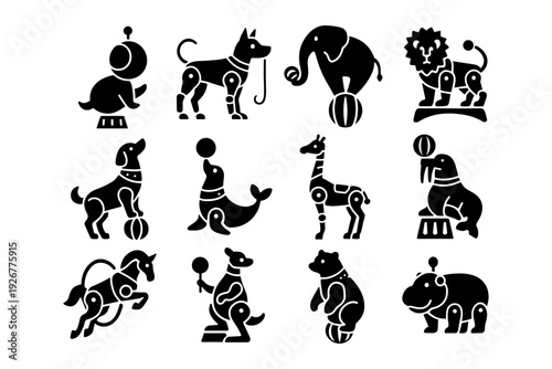 Minimalist animal circus icons set: silhouette style with playful robot theme