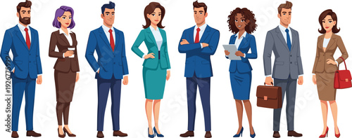 Diverse Professional Business People Character Vector Set Featuring Men and Women in Suits Standing in Confident Poses for Corporate Team and Office Workplace Presentations.