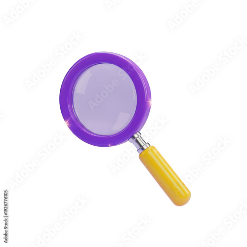 Vibrant purple magnifying glass with yellow handle isolated on transparent background