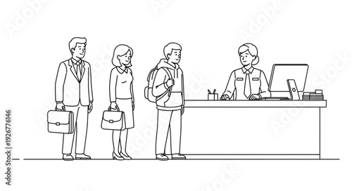 People Waiting in Line at Counter.