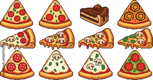 Pixel Art Pizza Slice Set with Pepperoni, Mushroom, Cheese and Chocolate Cake Retro 8 Bit Game Style Vector Illustration