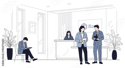 People Waiting in Modern Office Lobby.