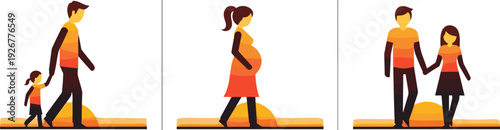 Diverse family stages depicted as minimalist silhouettes against a sunset backdrop