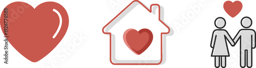 Icons representing love, home, and relationships on a white background