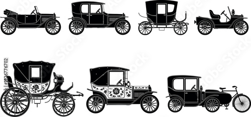 Vintage automobile and carriage silhouette collection featuring early classic cars, horse drawn vehicles, retro transportation designs, antique history illustration isolated on white background