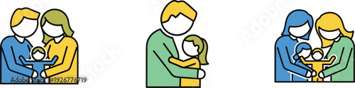 Diverse family icons showing parents and children in loving embraces and togetherness