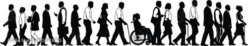 Business People Silhouettes Walking in Line, Diverse Professionals Including Wheelchair User Isolated on White Background Illustration