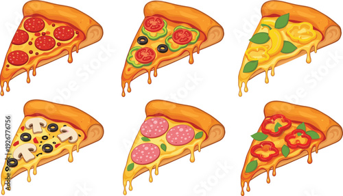 Delicious Pizza Slice Vector Set with Pepperoni, Mushroom, Salami, Vegetable, and Margherita Toppings Cartoon Food Illustrations