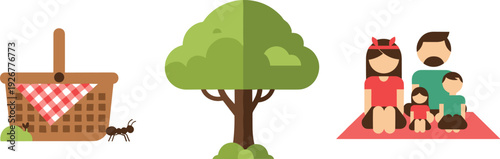 Flat design illustration of a family picnic with a basket, tree, and ants