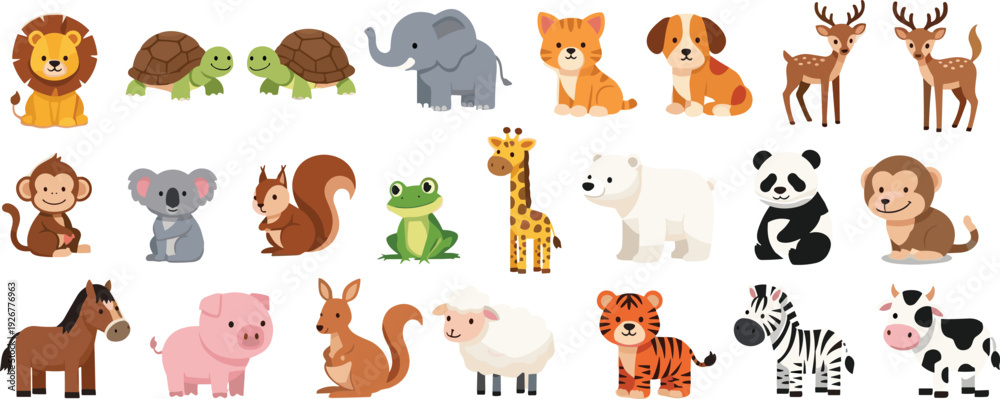 Obraz premium Cute Wild and Farm Animal Vector Set with Lion, Elephant, Panda, Giraffe, Cow, Pig, Horse, and Cartoon Wildlife Illustrations